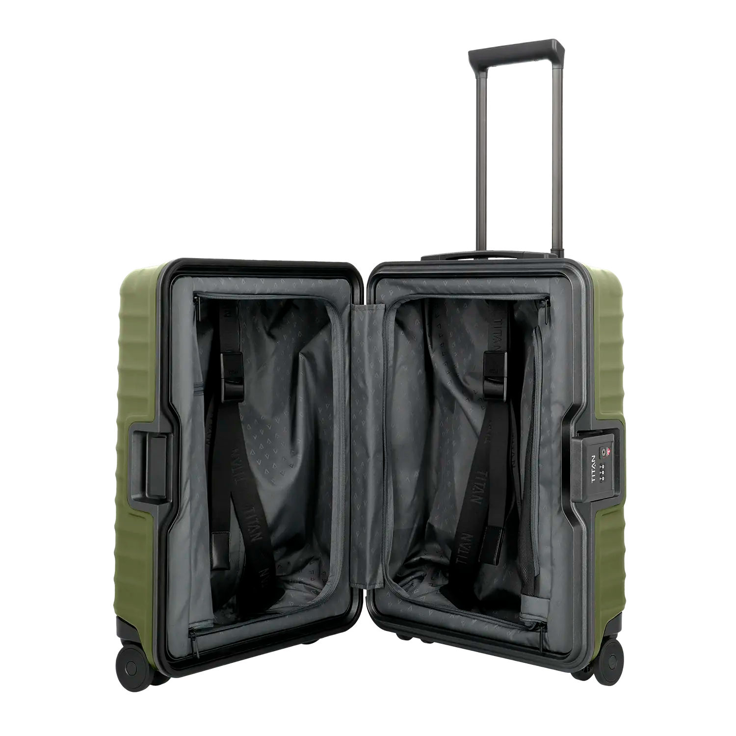Titan Overseas S23 Bordtrolley S in  Forest Green - Innenansicht mit Packgurten und Fächern