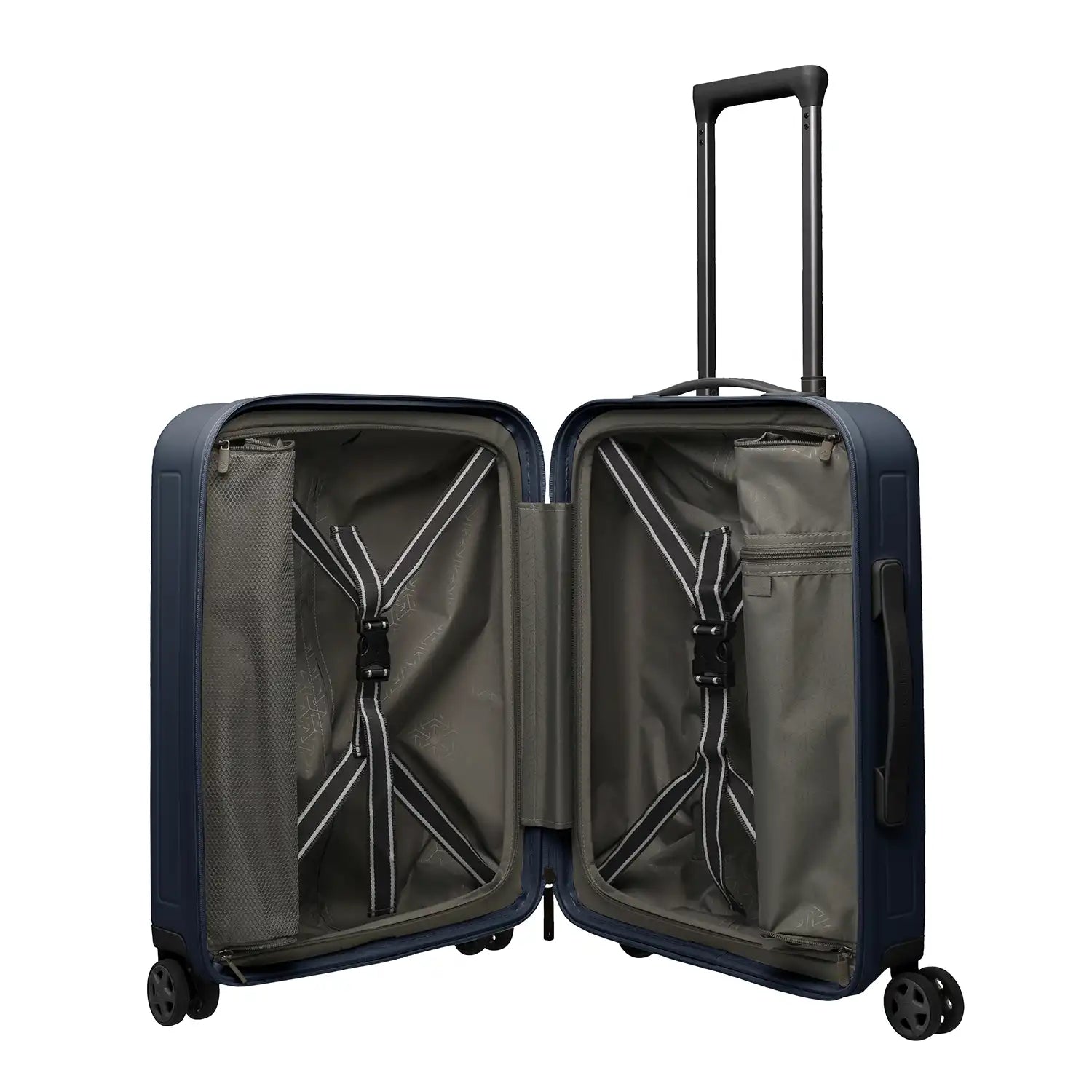 Innenansicht des Travelite Panello 4-Rollen Trolley S 55 cm – Night Sky mit durchdachter Innenaufteilung und Kreuzspanngurten