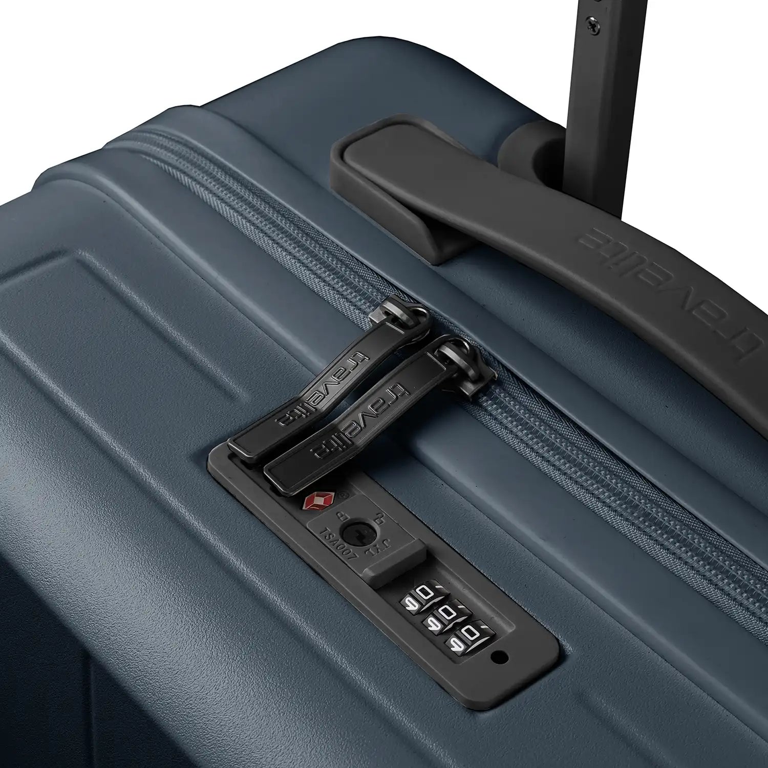 Detailaufnahme des Travelite Panello Trolley S – Night Sky mit TSA-Zahlenschloss und abschließbaren Zippern