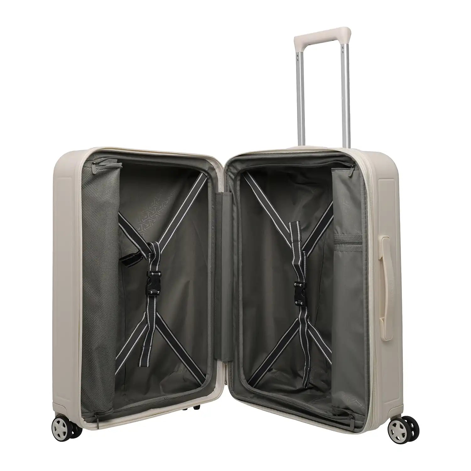 Innenansicht des Travelite Panello 4-Rollen Trolley M 65 cm – Ivory mit durchdachter Aufteilung, Reißverschlussfach und Kreuzspanngurten