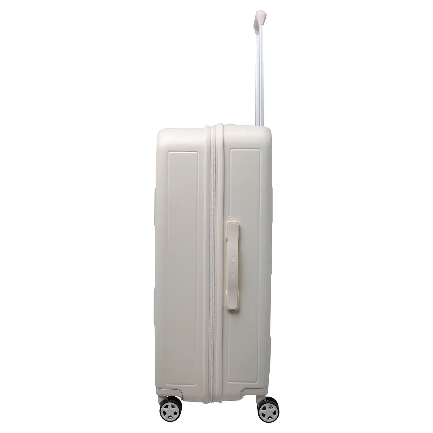 Seitenansicht des Travelite Panello 4-Rollen Trolley L – Ivory mit ergonomischem Griff und hochwertigen, laufruhigen Doppelrollen