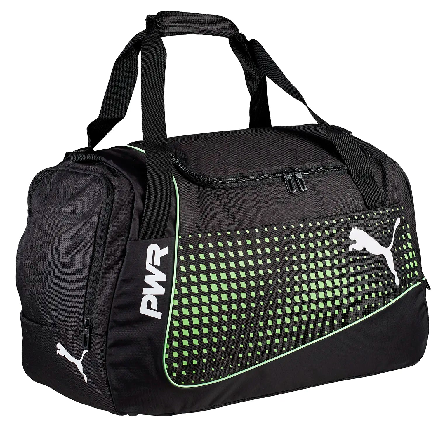 Frontalansicht Puma evoPOWER Medium Bag Sporttasche 50 cm - Black Green Gecko