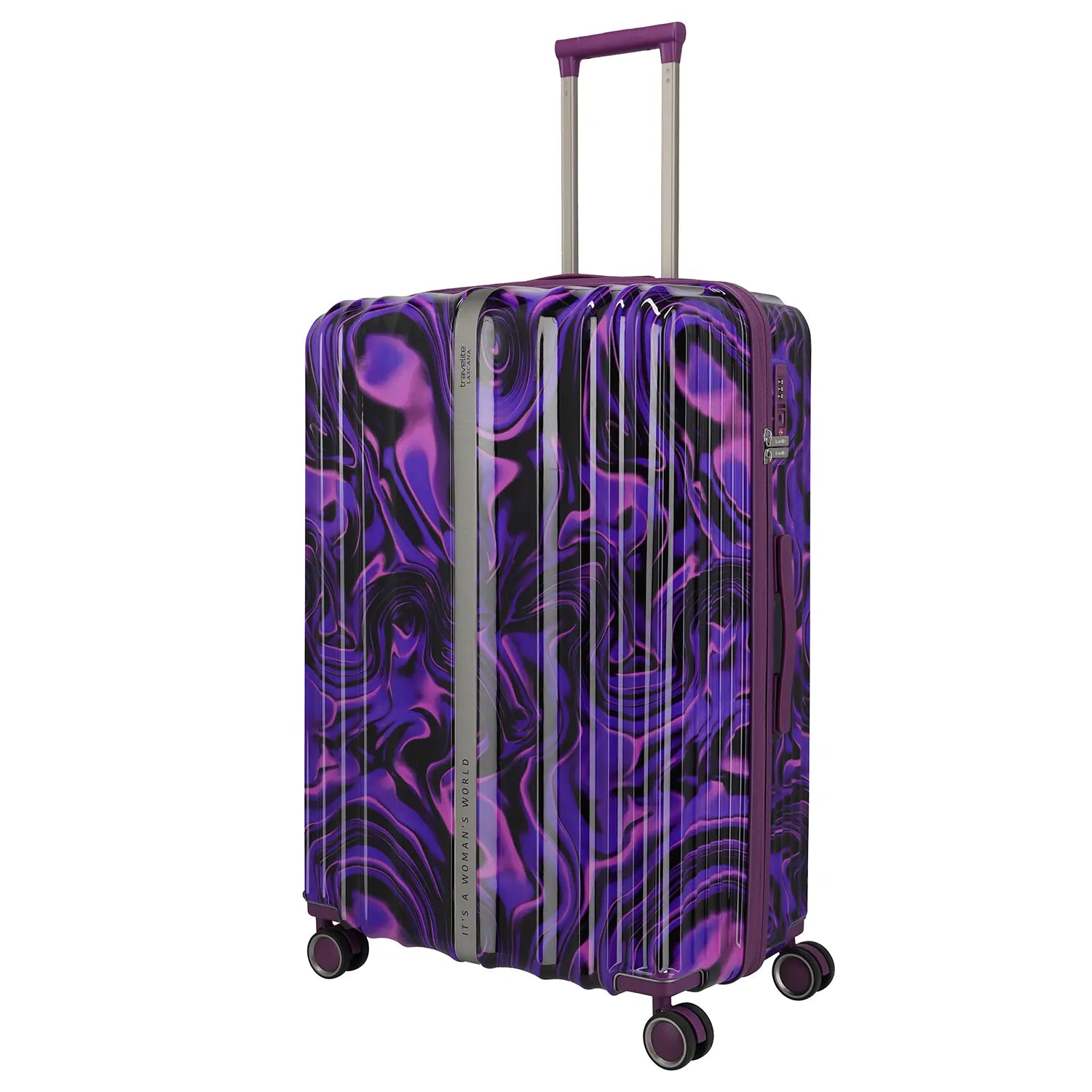Travelite Lascana Edition Trolley L 76 cm Purple Swirl - Seitenansicht mit 4 Rollen und Teleskopgriff
