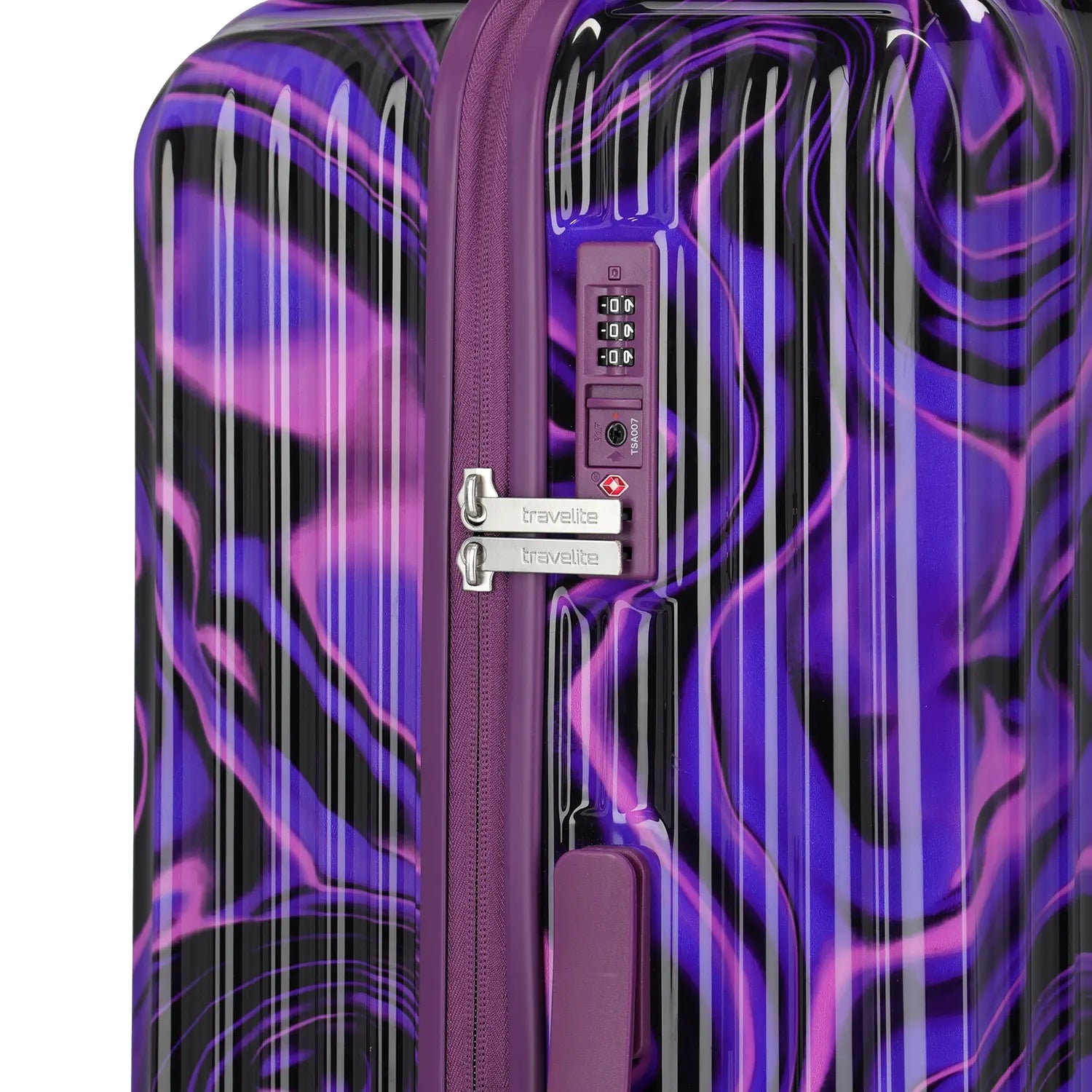 ravelite Lascana Edition Trolley L 76 cm Purple Swirl - Detailansicht des TSA-Zahlenschlosses und des Purple Swirl Musters