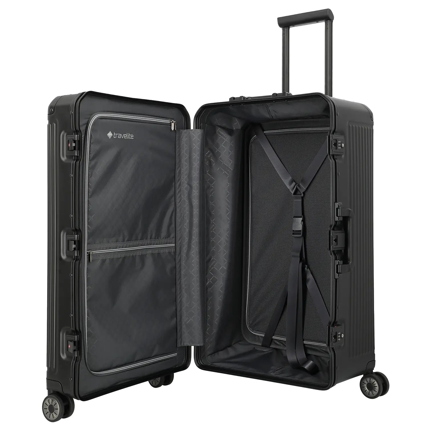 Innenansicht Travelite Next 4-Rollen Koffer 76 cm Schwarz – praktisches Packsystem mit Trennwänden wie bei Rimowa