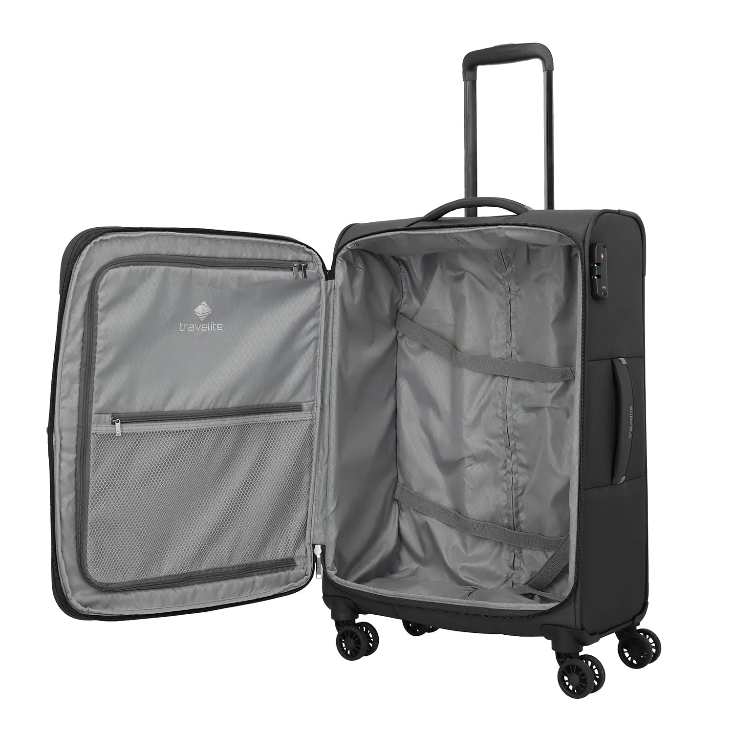 Travelite Umbria 4-Rollen Trolley M Schwarz - Innenaufteilung mit Packgurten und Netzfach