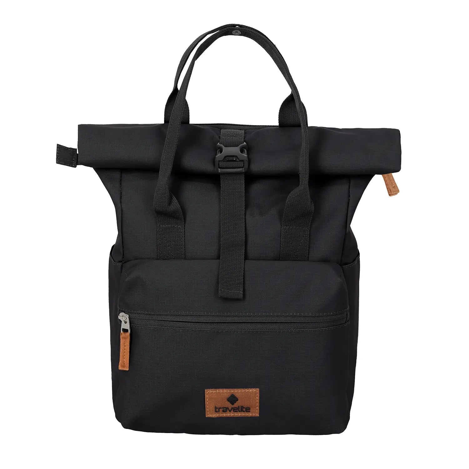 Travelite Basics Short Handle Rollup Rucksack 37 cm Schwarz – funktionaler Rolltop-Rucksack für Alltag und Reisen