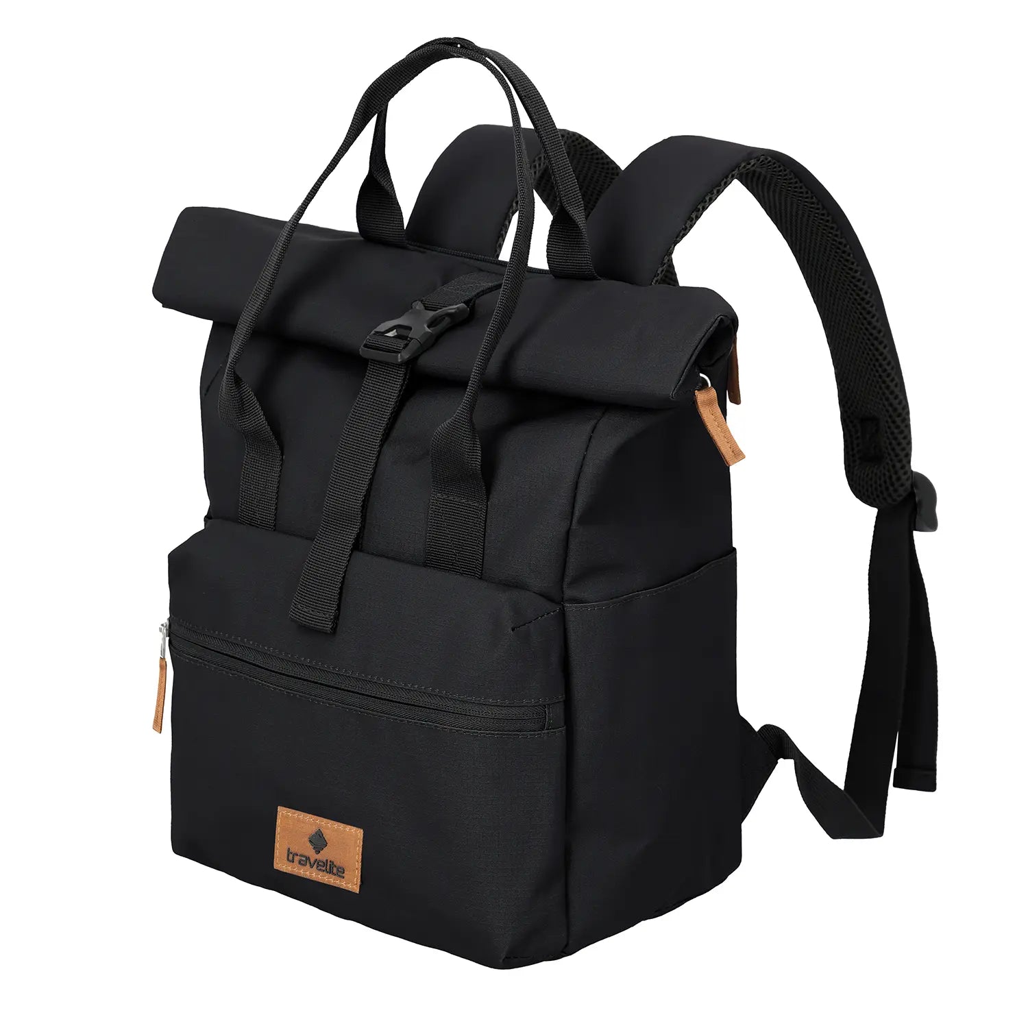 Frontansicht Travelite Basics Short Handle Rollup Backpack Black 37 cm – leichter und robuster Tagesrucksack