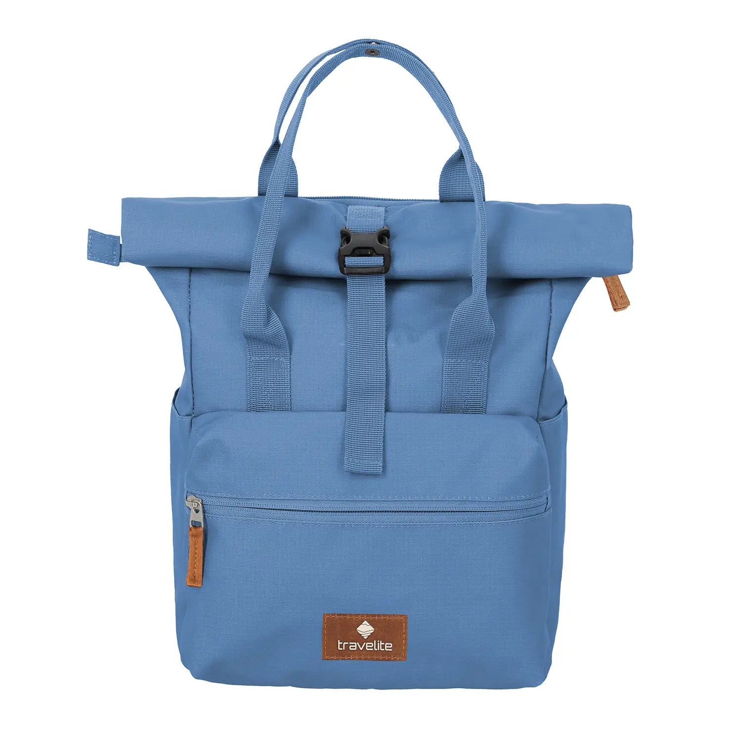 Travelite Basics Short Handle Rollup Rucksack 37 cm Denim – funktionaler Rolltop-Rucksack für Alltag und Freizeit