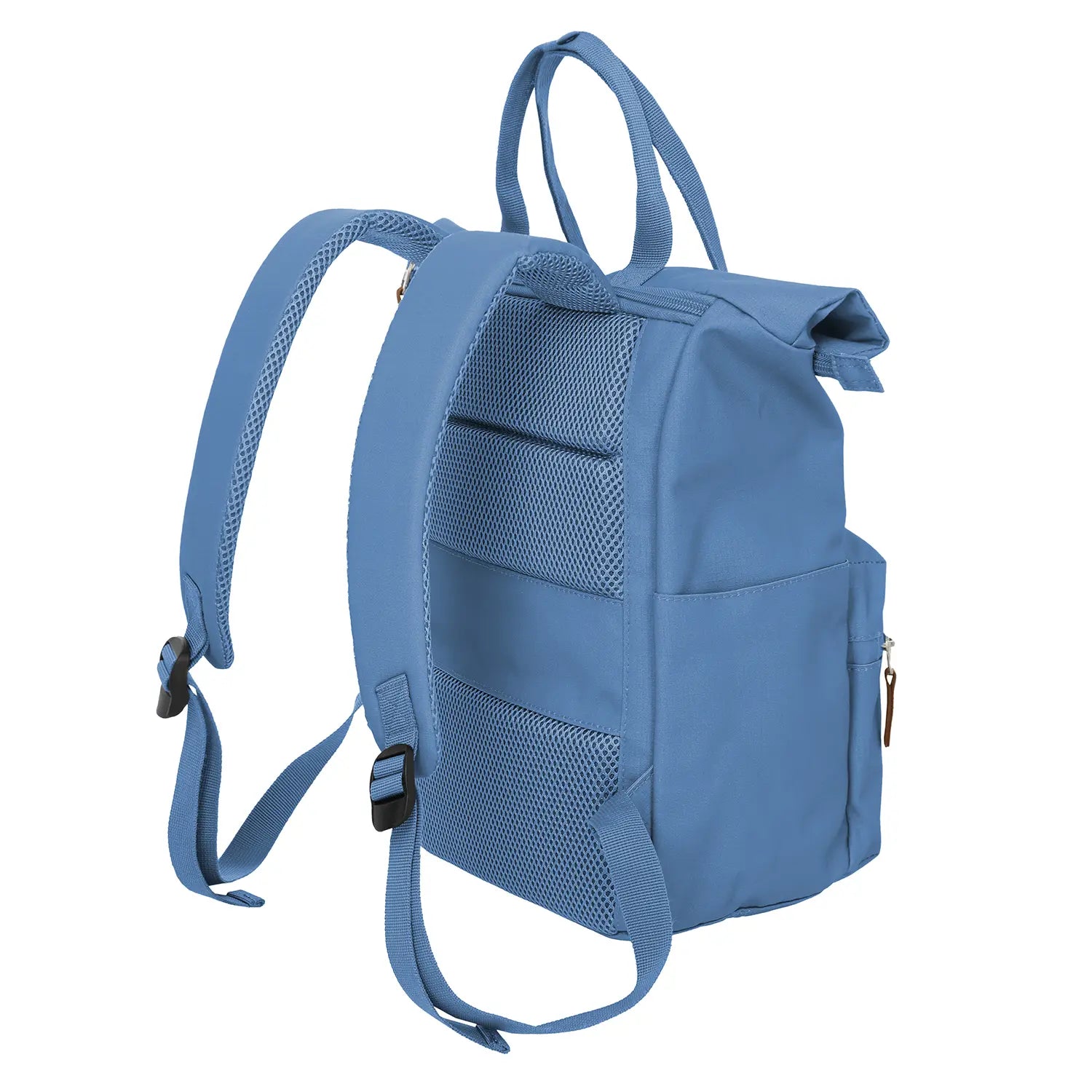Seitenansicht Travelite Basics Short Handle Rollup Rucksack 37 cm Denim – praktischer Begleiter mit kurzen Tragegriffen