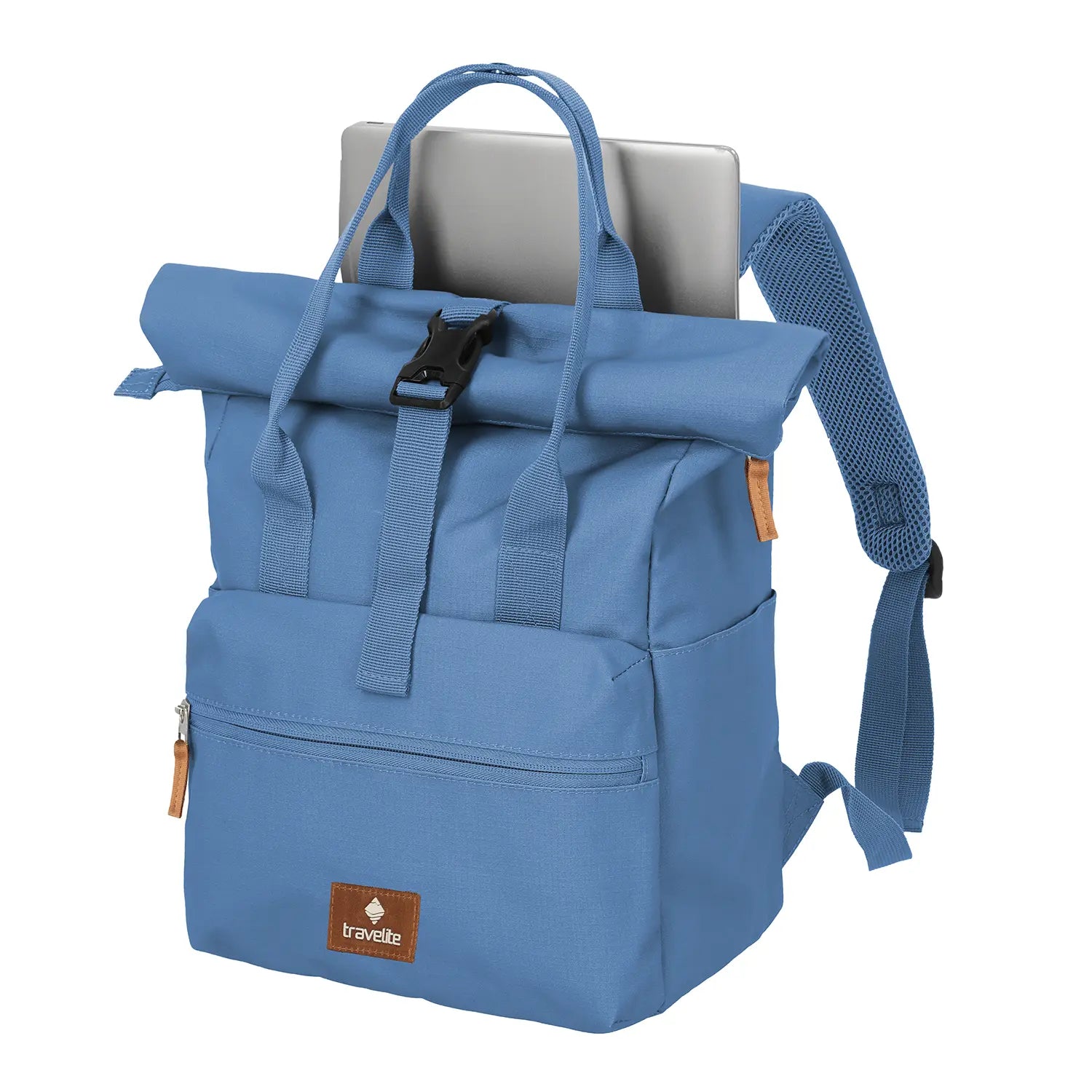 Frontansicht Travelite Basics Short Handle Rollup Backpack Denim – moderner Tagesrucksack in Blau