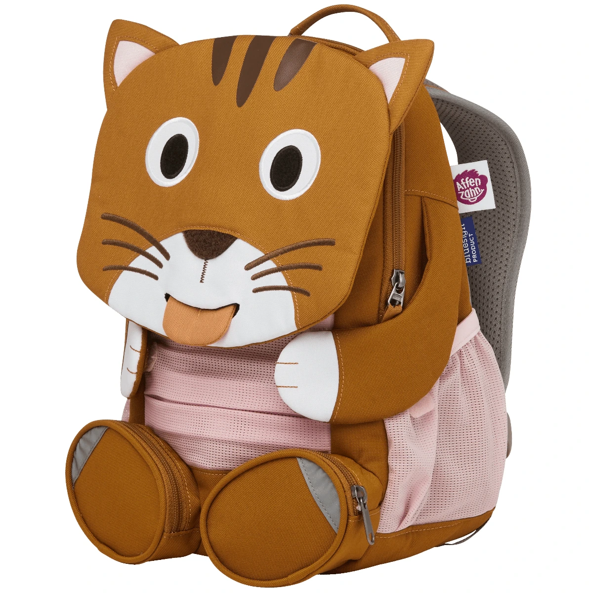 Vorderansicht eines Affenzahn Large Friend Kinderrucksack als Tigermotiv