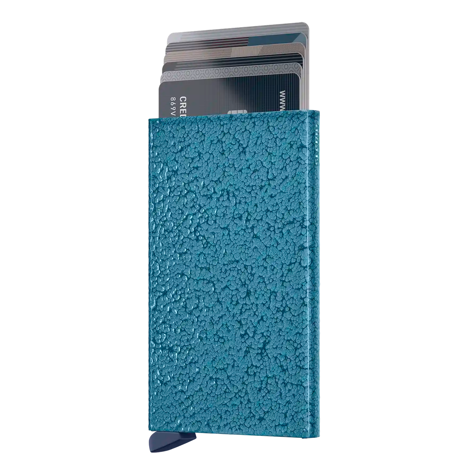Secrid Cardprotector Azure mit ausgeschobenen Karten - RFID-Schutz Mechanismus