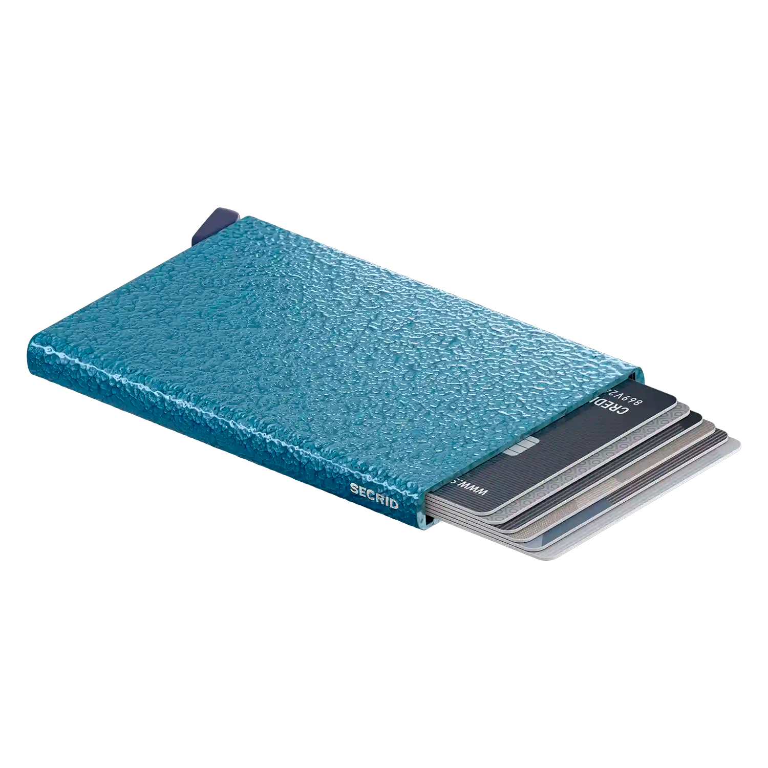 Secrid Cardprotector Azure mit ausgeschobenen Karten - RFID-Schutz Mechanismus