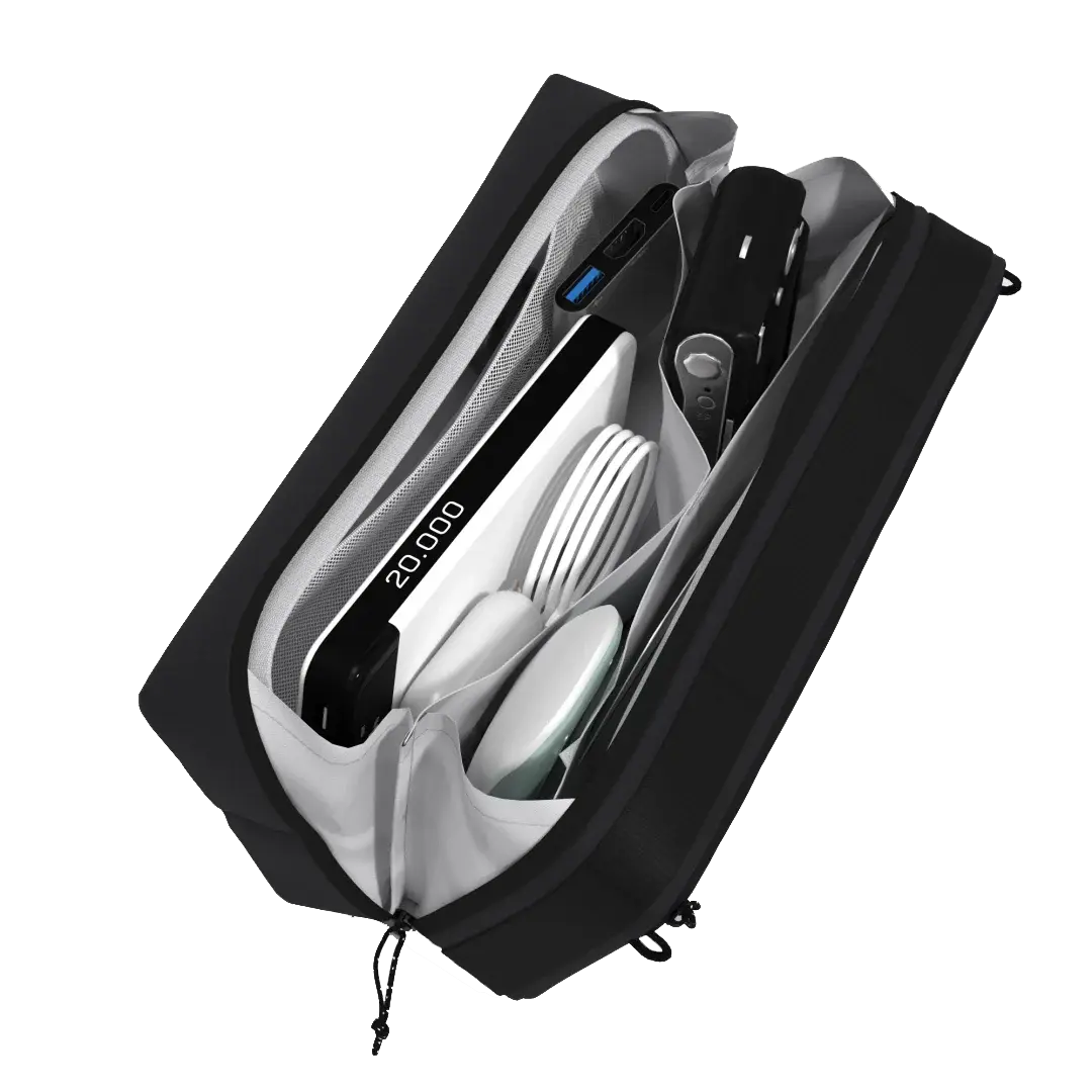 CabinZero Tech Pouch Norwegian Wood - Geöffnet mit sichtbaren Organisationsfächern