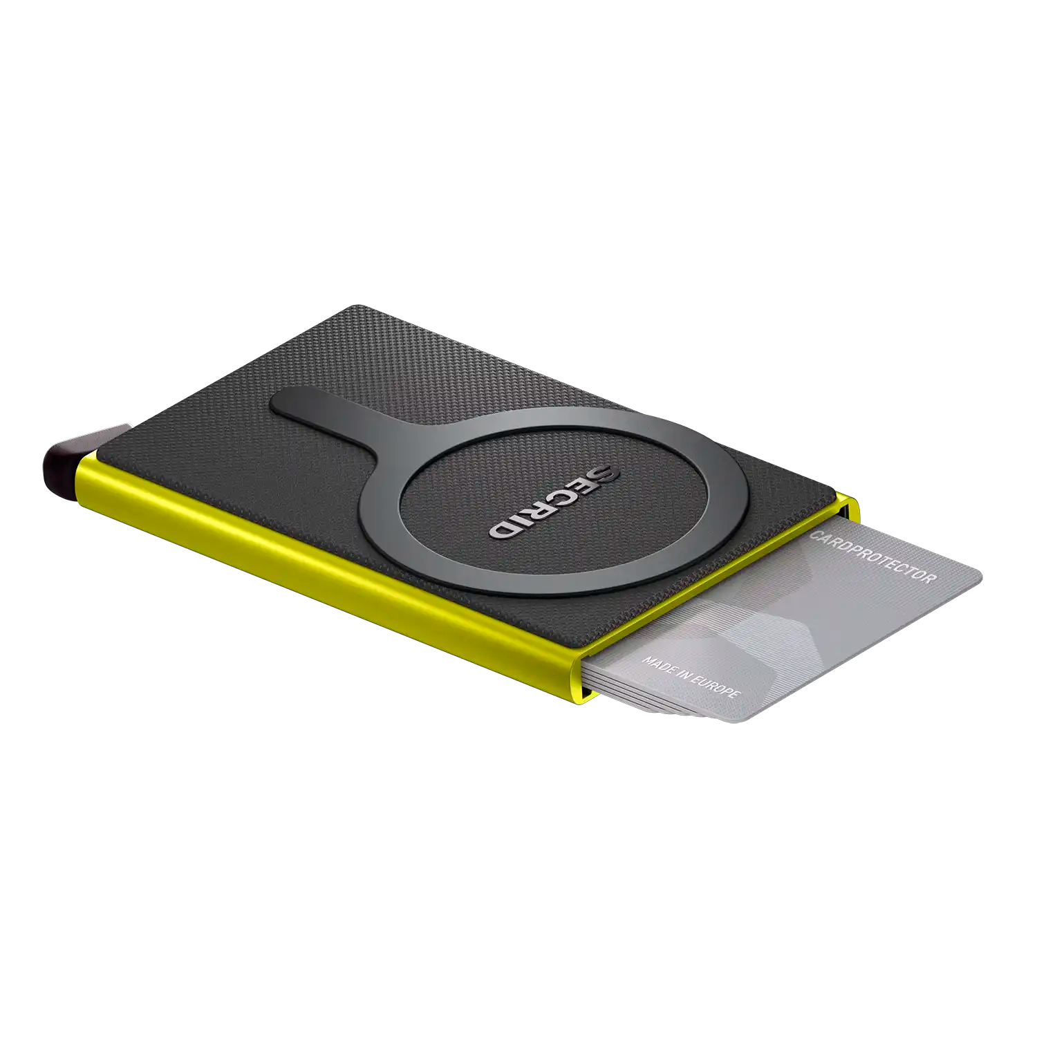 Secrid Cardprotector for MagSafe Lime – geöffnet mit ausfahrenden Kreditkarten