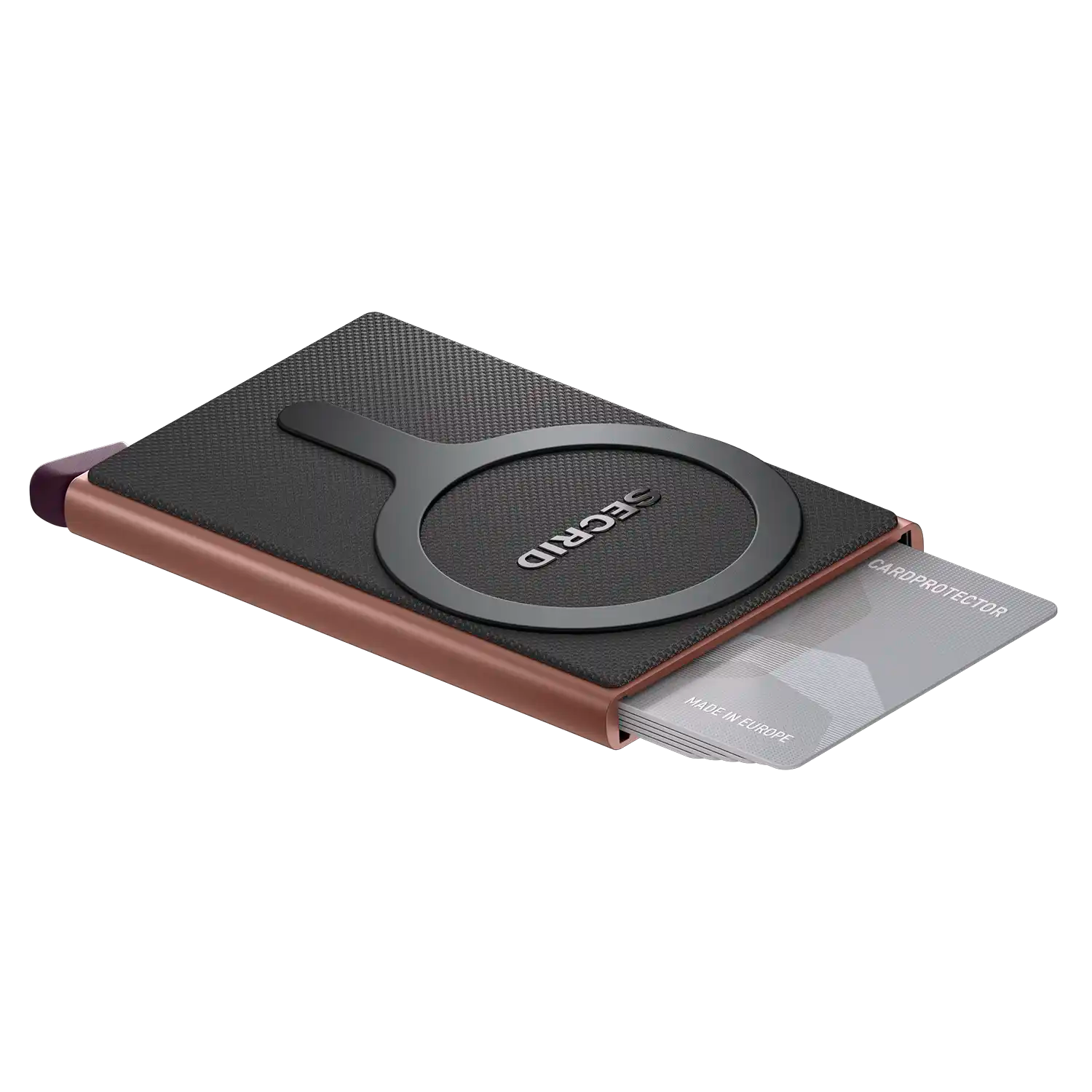 Secrid Cardprotector for MagSafe Rose – geöffnet mit ausfahrenden Kreditkarte