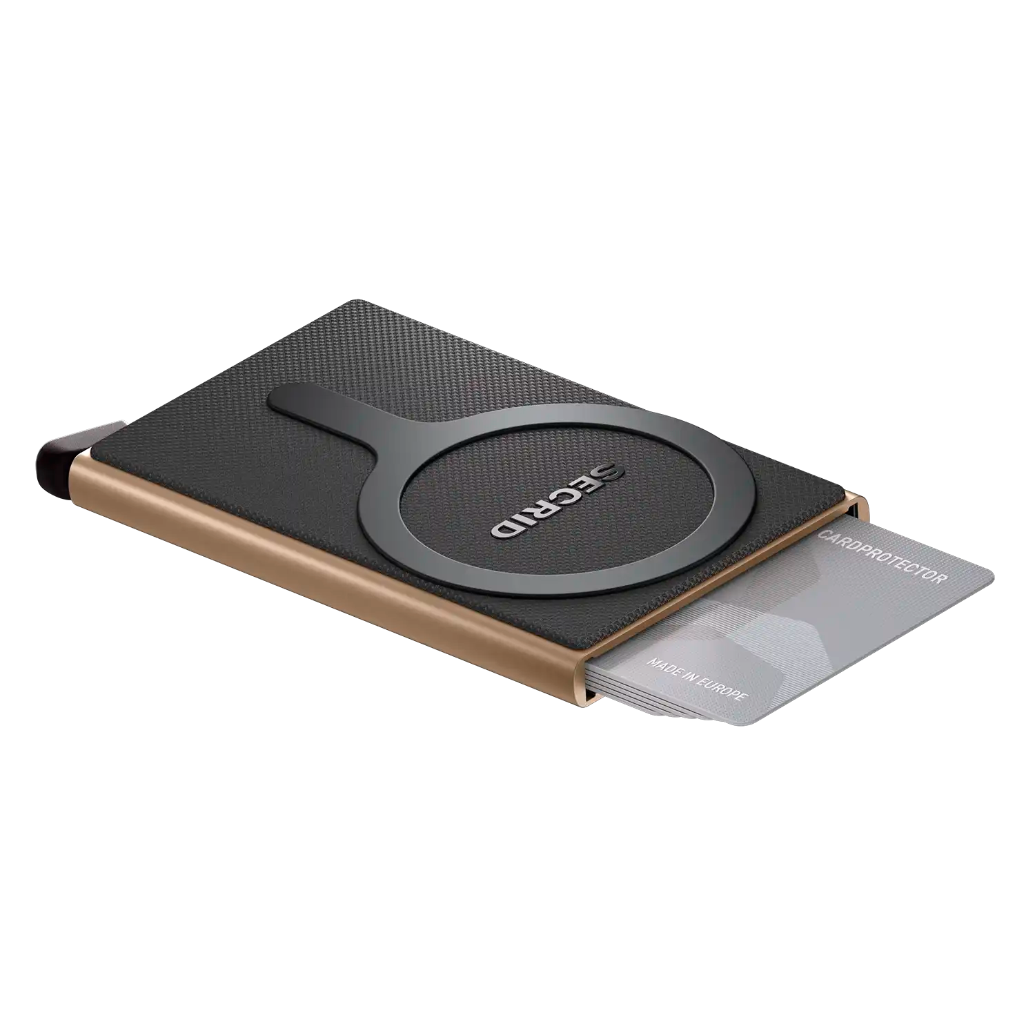 Secrid Cardprotector for MagSafe Sand – geöffnet mit ausfahrenden Kreditkarte