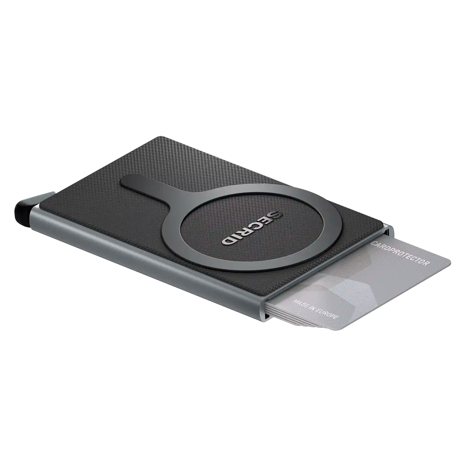 Secrid Cardprotector for MagSafe Titanium – geöffnet mit ausfahrenden Kreditkarten