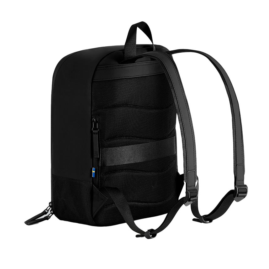 Rückseite des Gaston Luga Däsh Daily Backpack – schwarze Schultergurte und Polsterung