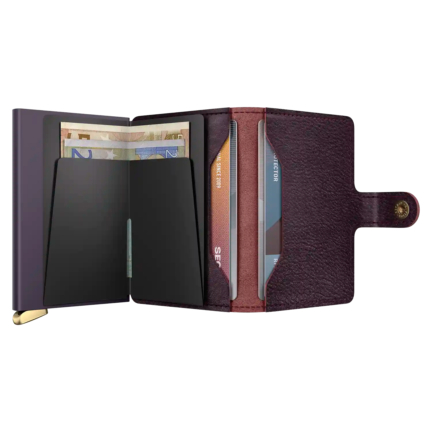 Secrid Premium Miniwallet Basco Bordeaux+ geöffnet - Kompakte Geldbörse mit Scheinfach