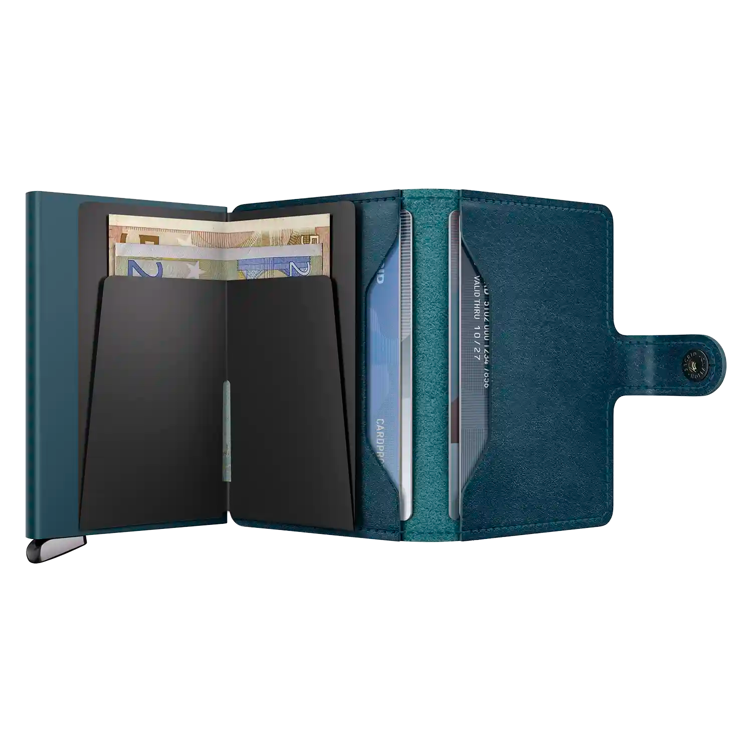 Secrid Miniwallet Basco Teal+ geöffnet - Kartenfächer und Geldscheinhalter sichtbar