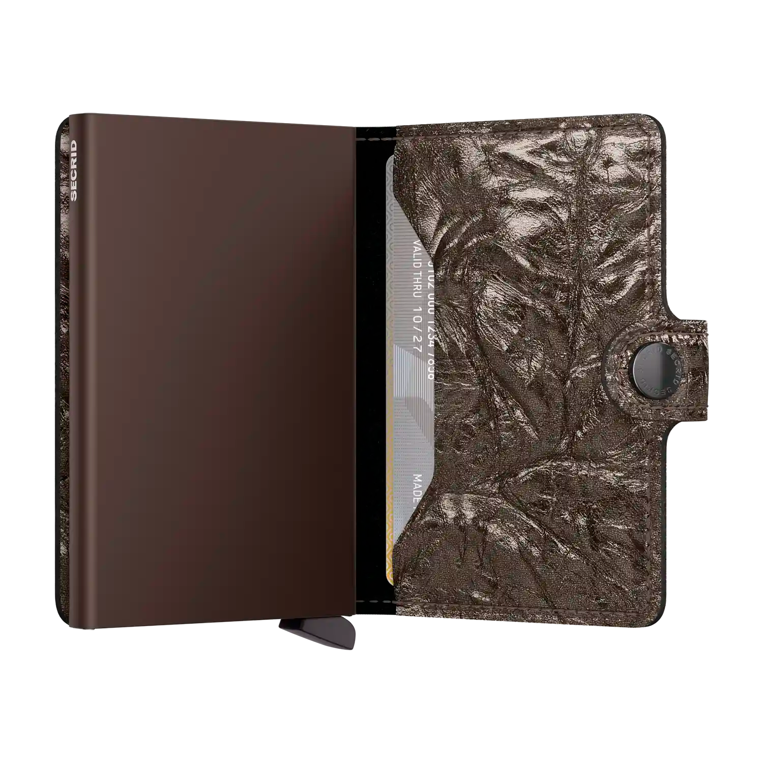 Secrid Miniwallet Crunch Bronze - Aufgeklappte Ansicht mit Kartenfächern und Münzfach