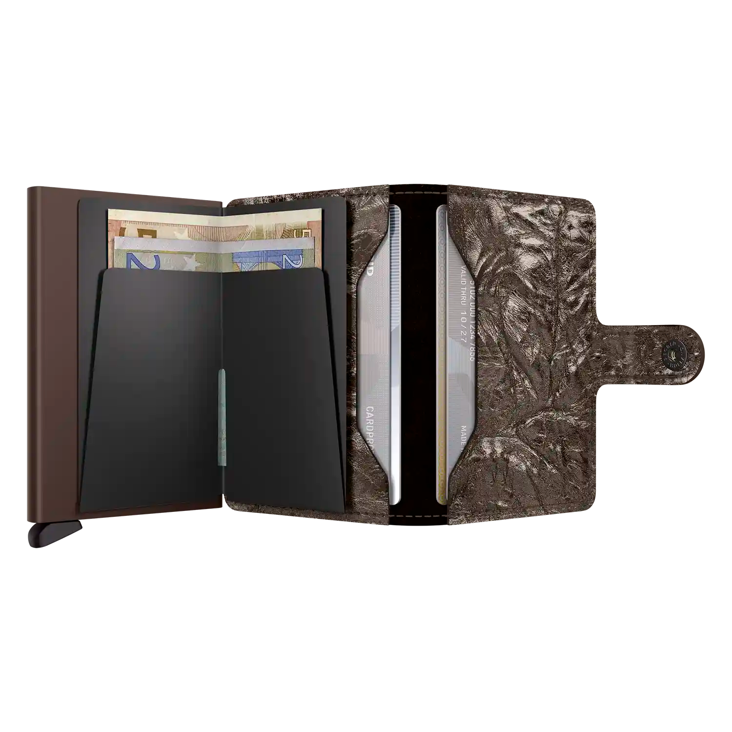 Secrid Miniwallet Crunch Bronze - Aufgeklappte Ansicht mit Kartenfächern und Münzfach