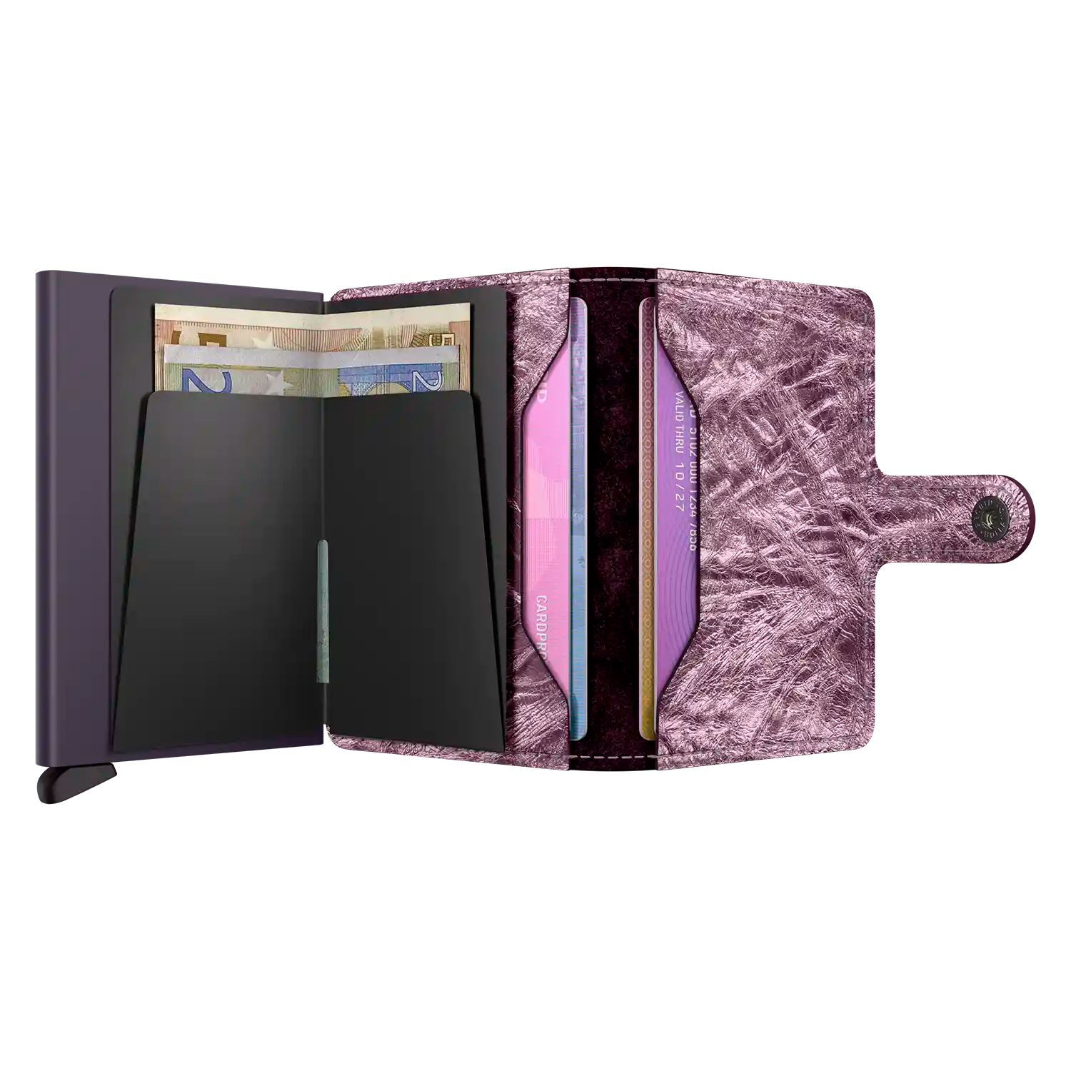 Secrid Miniwallet Crunch Pink - Aufgeklappte Ansicht mit Kartenfächern und Münzfach
