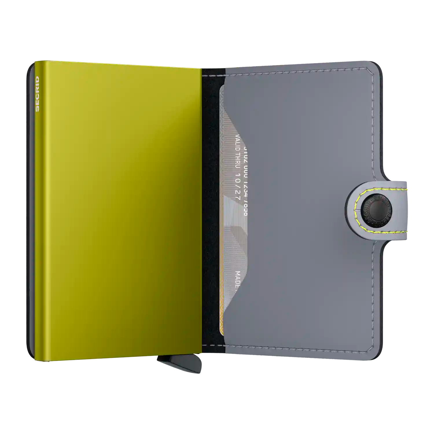 Secrid Miniwallet Matte Grey-Lime - Aufgeklappte Ansicht mit Kartenfächern