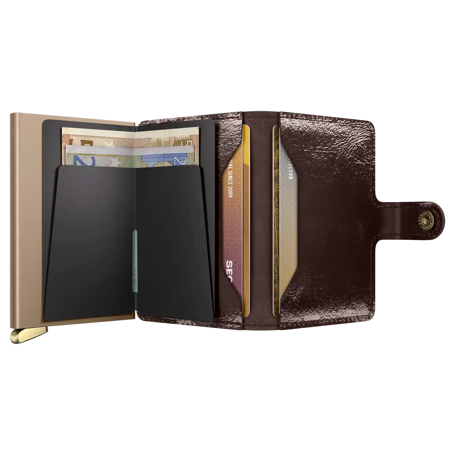 Secrid Premium Miniwallet Mahagony geöffnet - Wallet für sichere Kartenaufbewahrung