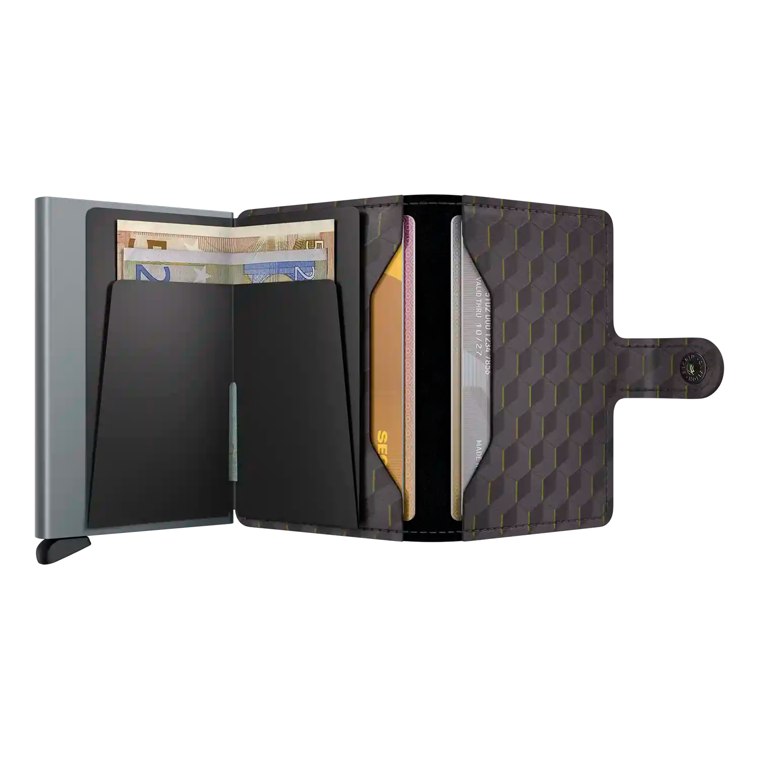 Secrid Wallets Miniwallet Optical 10 cm in Grey-Yellow - Aufgeklappte Ansicht mit Kartenfächern ohne Münzfach