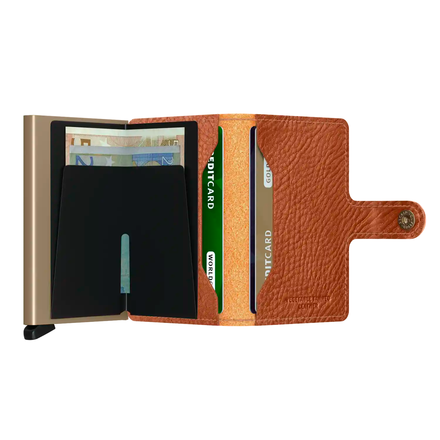Secrid Miniwallet Caramello-Sand geöffnet - Kartenfächer und Münzfach im Detail