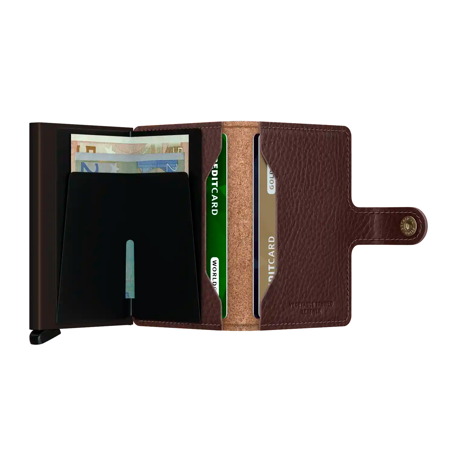 Secrid Miniwallet Espresso-Brown geöffnet - Kartenfächer und Münzfach Detail