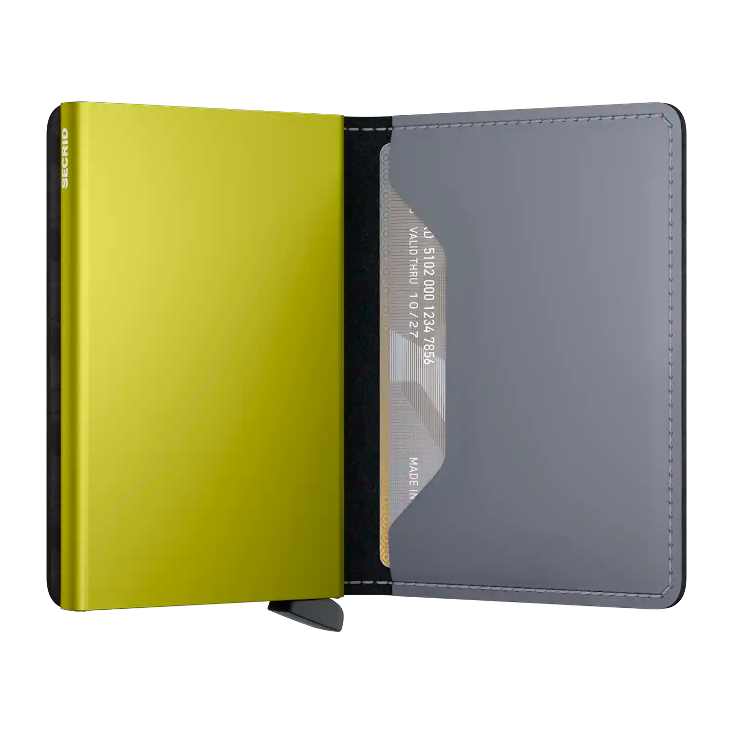 Secrid Slimwallet Matte Grey-Lime - Aufgeklappte Ansicht mit Kartenfächern ohne Münzfach