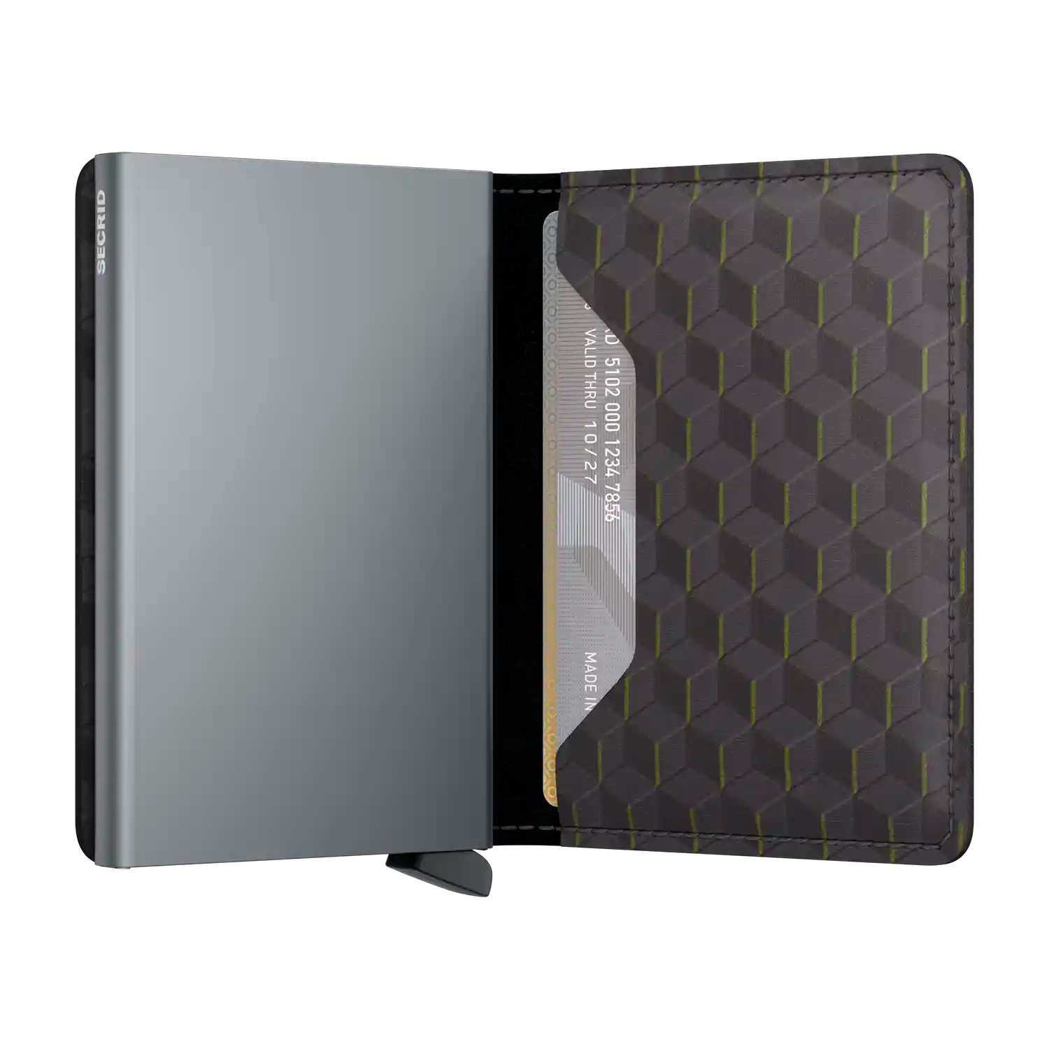 Secrid Wallets Slimwallet Optical 10 cm in Grey-Yellow - Aufgeklappte Ansicht mit Kartenfächern ohne Münzfach
