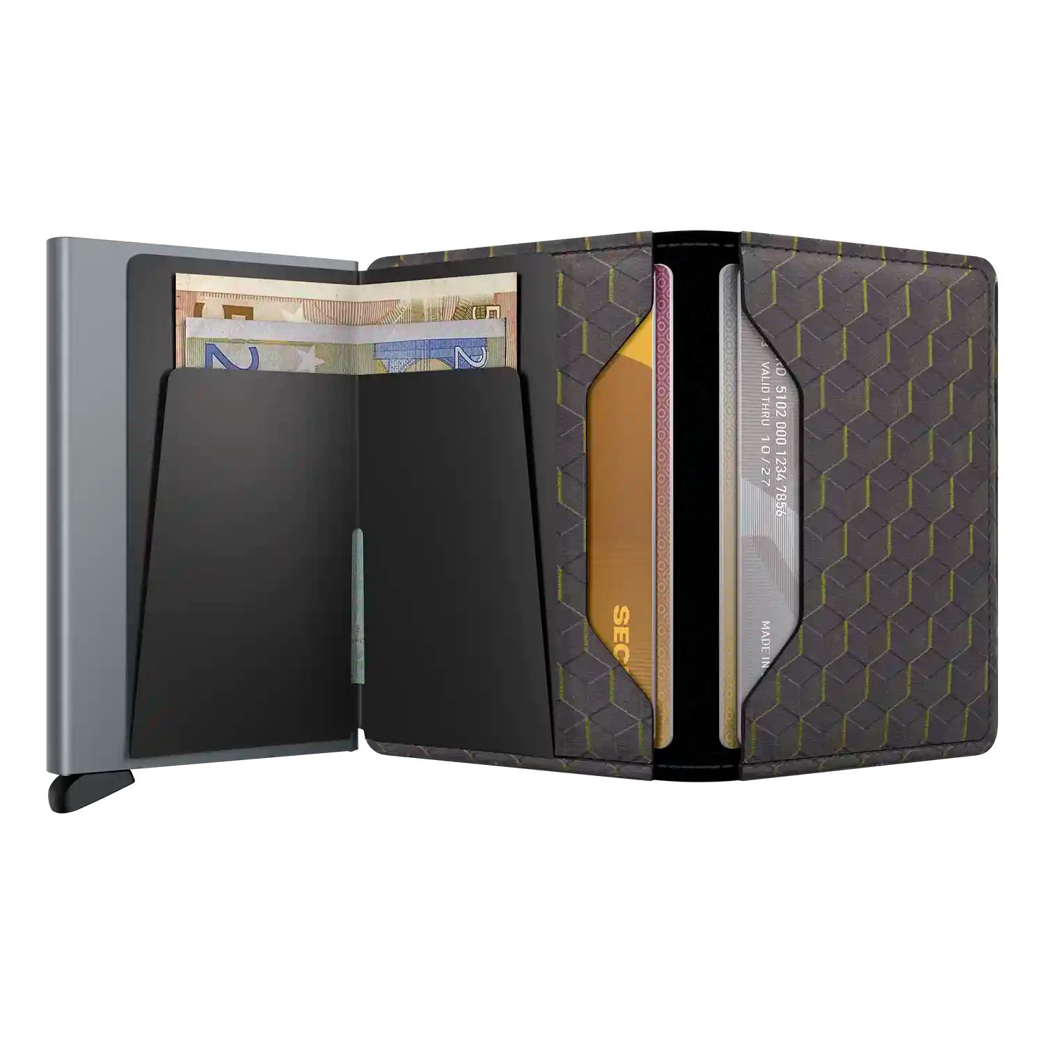 Secrid Wallets Slimwallet Optical 10 cm in Grey-Yellow - Aufgeklappte Ansicht mit Kartenfächern ohne Münzfach