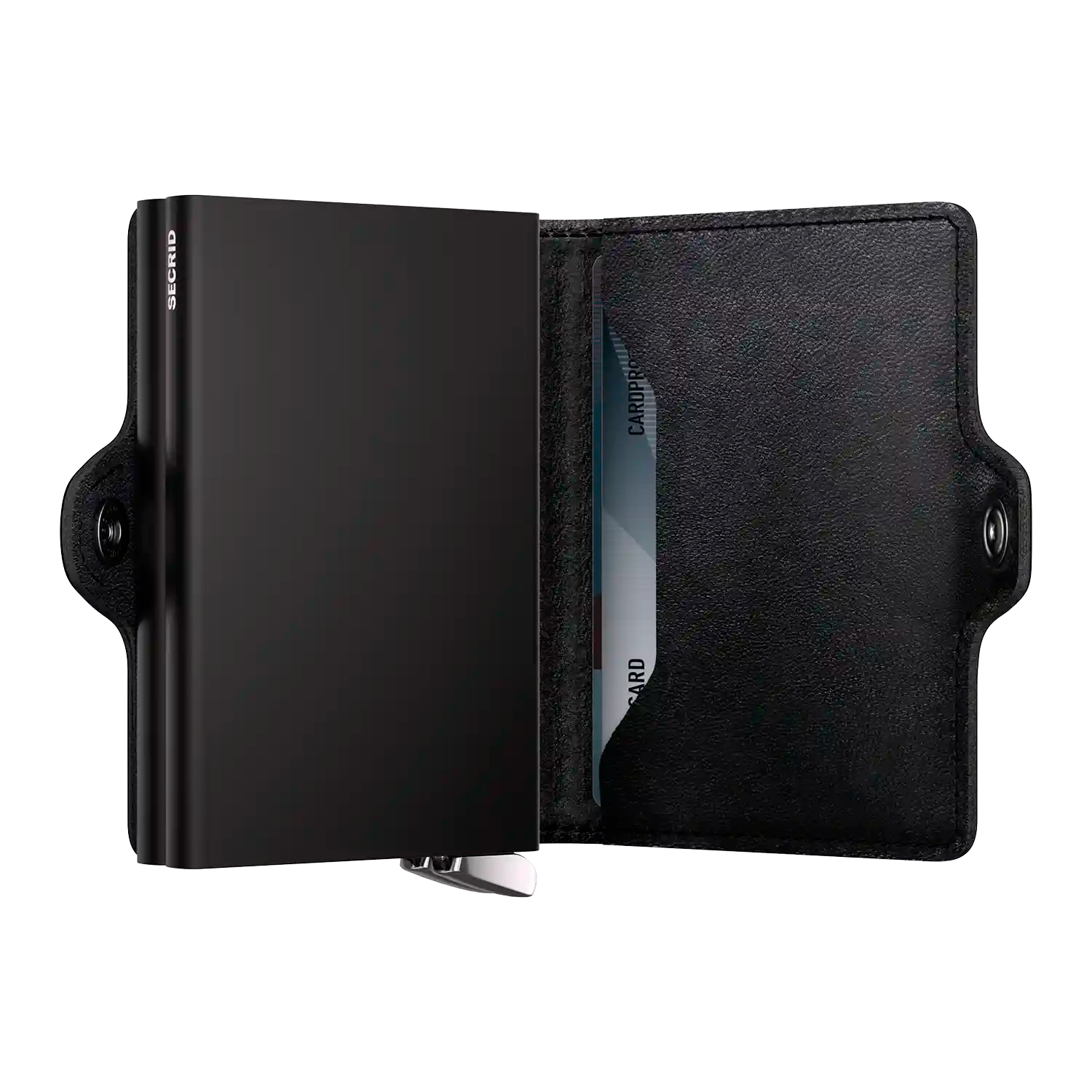 Innenansicht Secrid Premium Kollektion Twinwallet Emboss Lines Black 10 cm mit zwei Cardprotectors