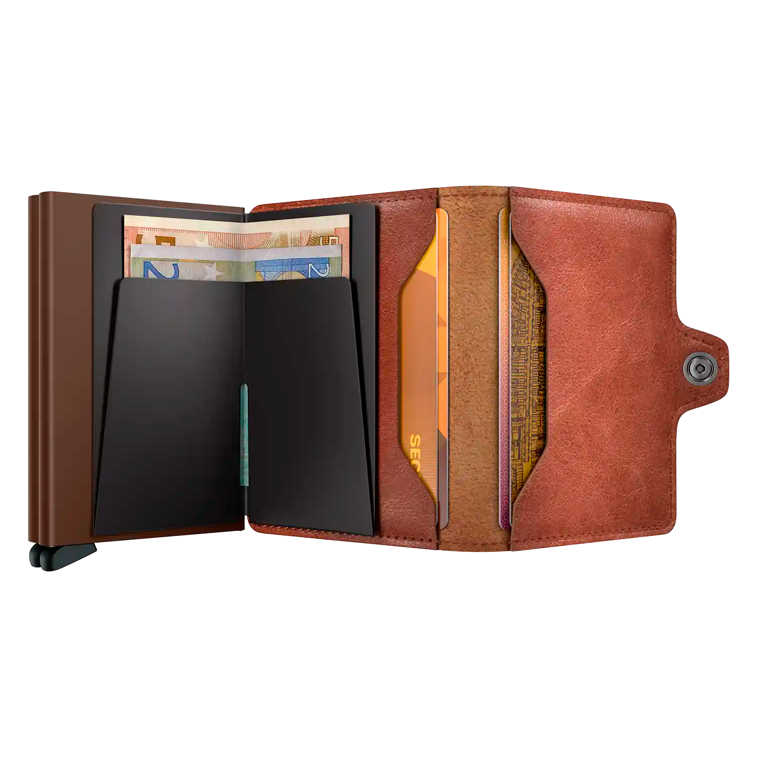 Secrid Twinwallet Vintage Cognac-Brown geöffnet mit Kartenfächern und Platz für Geldscheine