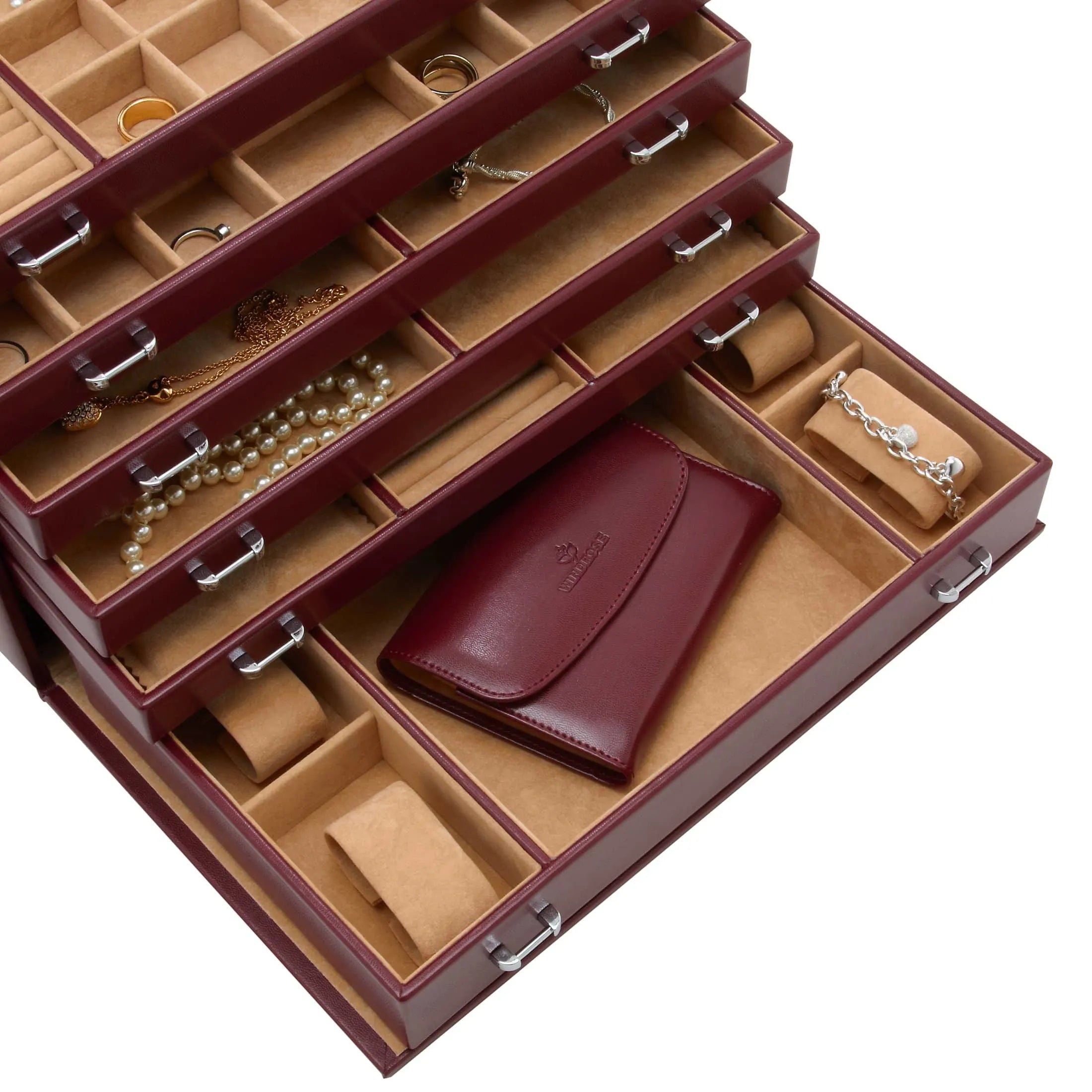 Windrose Merino Schmuckkoffer 6 Etagen mit integrierter Schmucktasche 37 cm - rot
