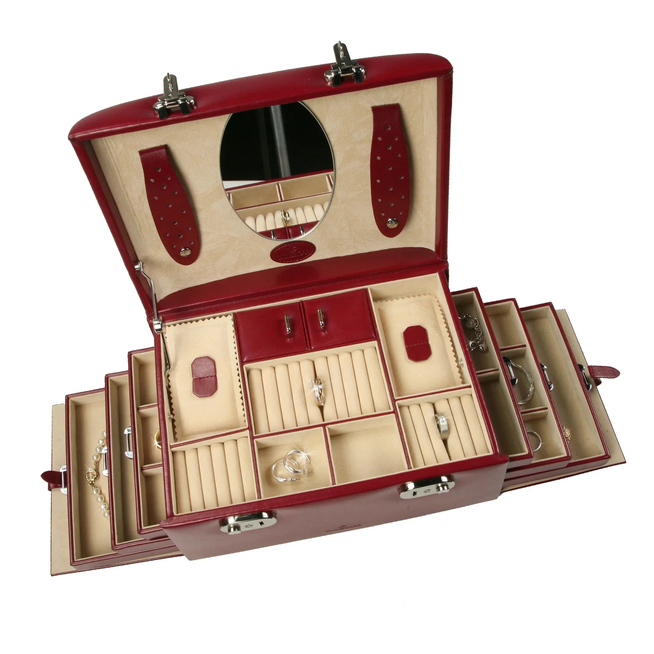 Windrose Merino Großer Schmuckkoffer 4 Etagen 29 cm - rot