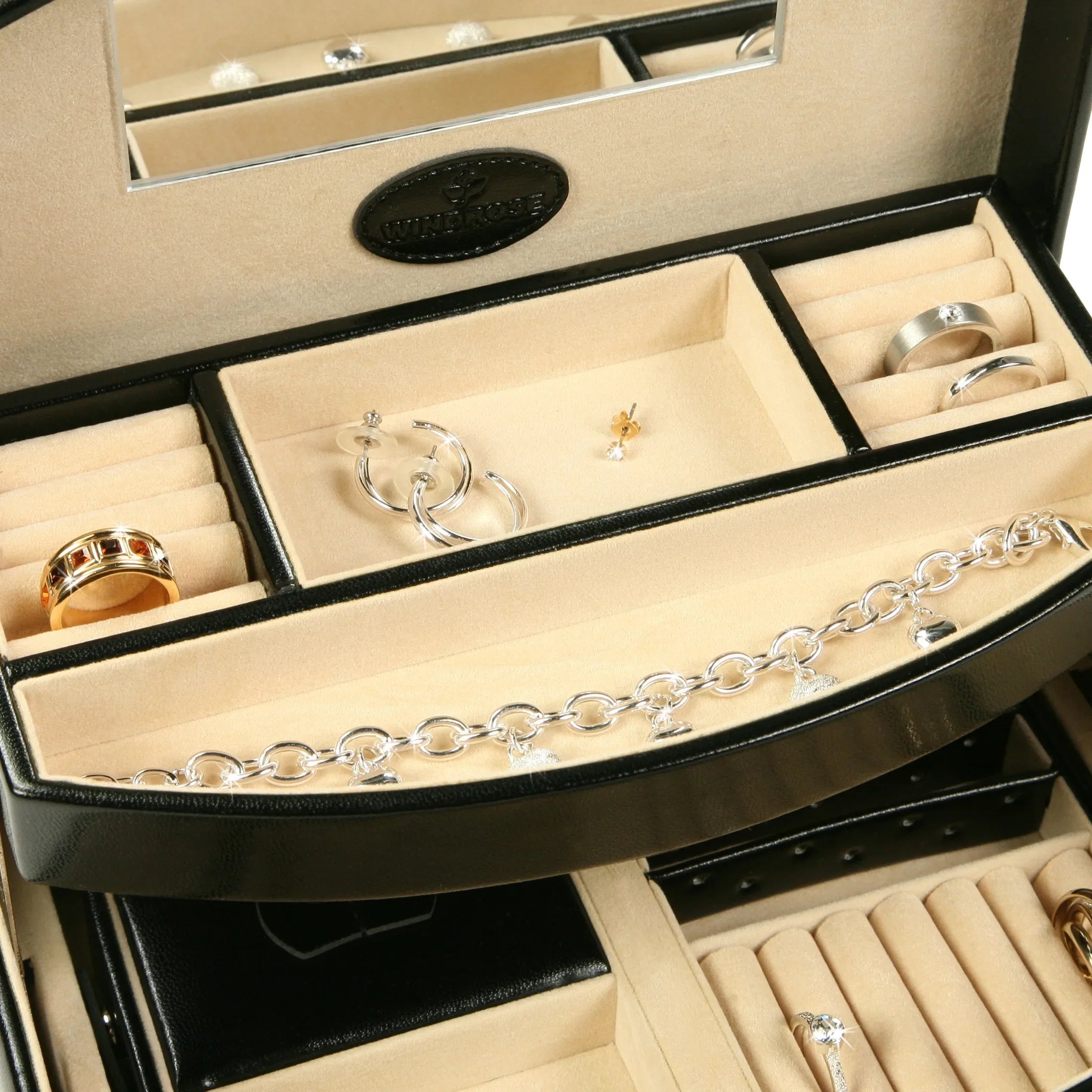 Windrose Merino automatic jewelry case with insert 23 cm - black